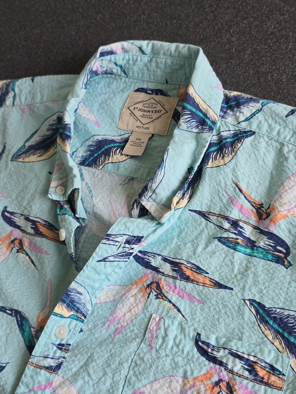 St John's Bay Seersucker No Tuck Shirt Men's XXL Tropical Floral Hawaiian Print